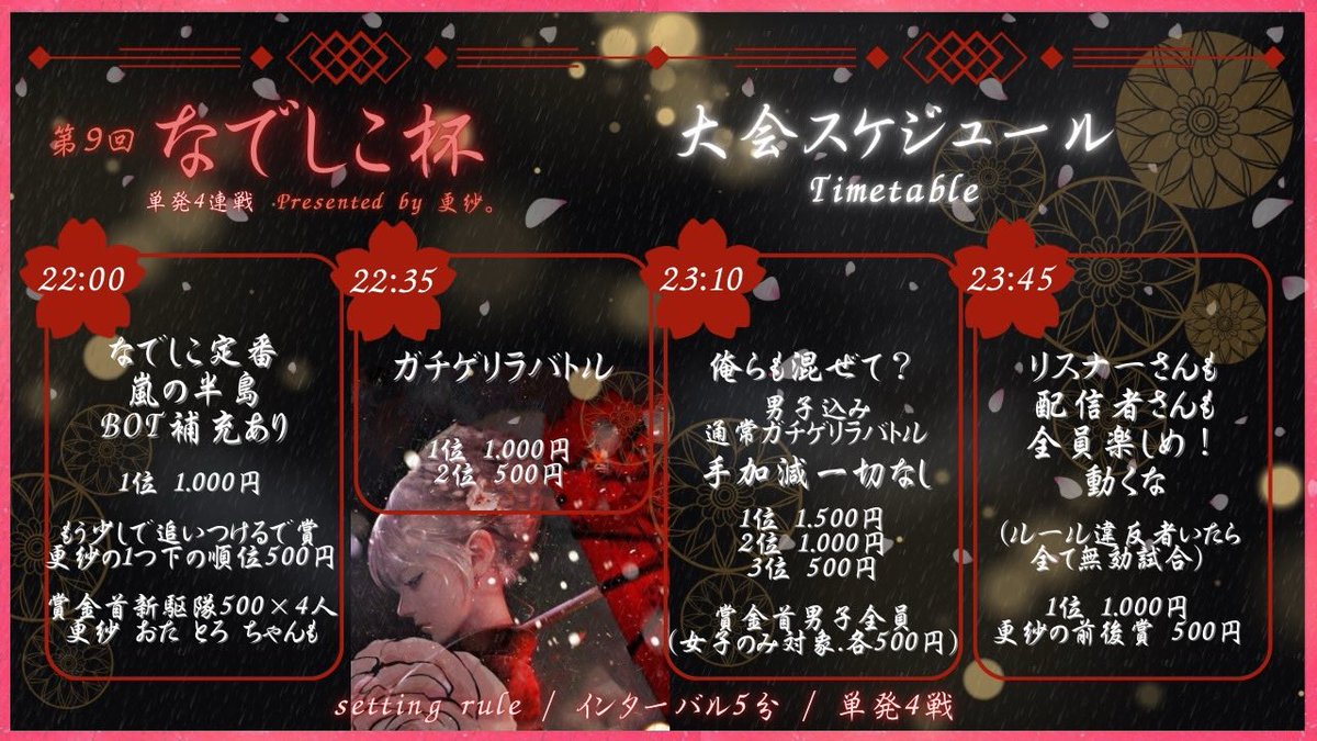 🌸第9回なでしこ杯🌸
￣￣￣￣￣￣￣￣￣￣￣￣
▫️11月2日(日)4連戦
       22:00/22:35/23:10/23:45

▫️嵐の半島/女子シングル(一部男子込み

▫️賞金総額￥10000以上？？

🎙️配信有り【とふちゅーぶ】

youtube.com/@tof3?si=6-Fr_…

⚠️完全招待制
  #女子限