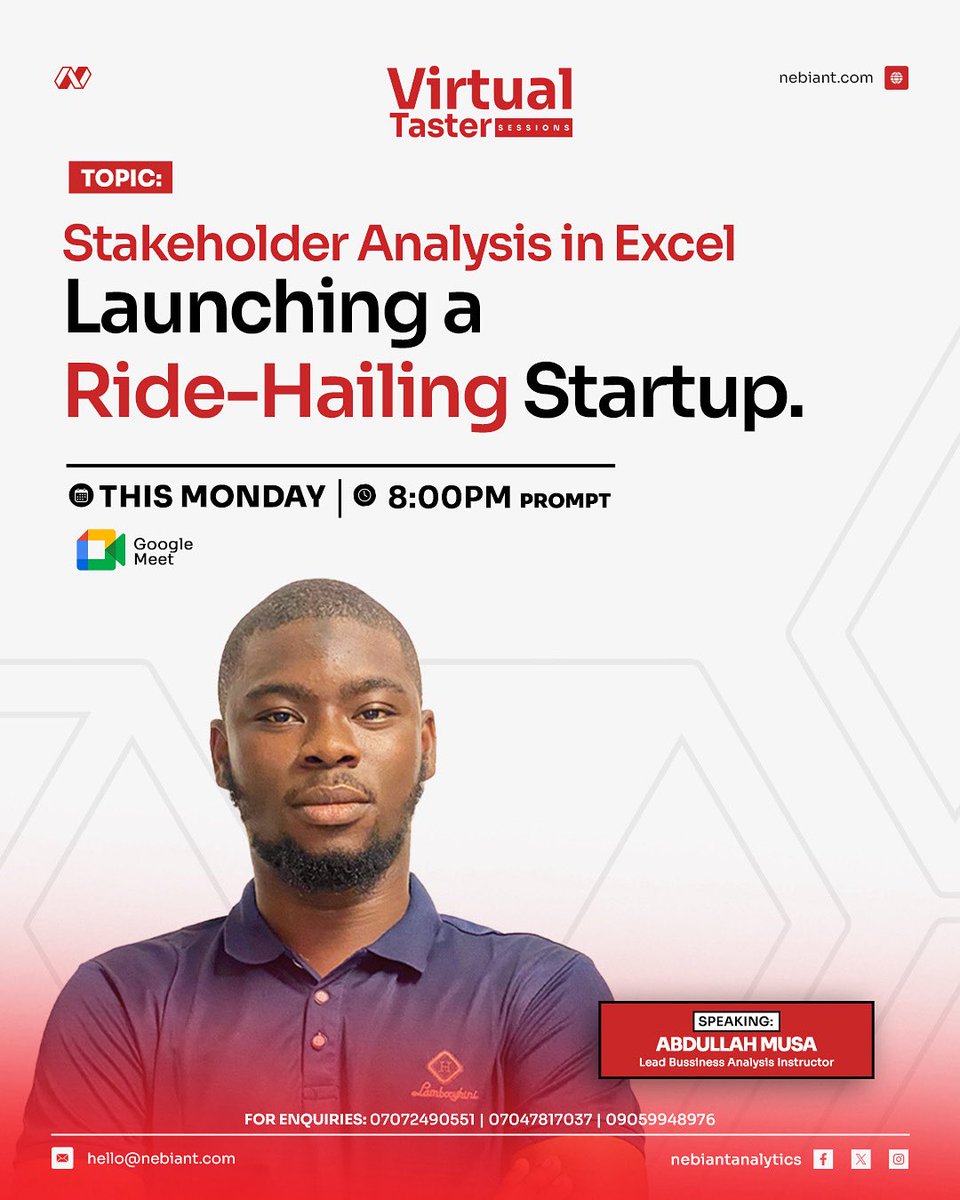 nebiantanalytic's tweet image. The key skill that moves you from a Junior BA to a high-earning Senior is Stakeholder Management.

We&apos;re showing you the exact process: LIVE Stakeholder Analysis in Excel for a brand-new ride-hailing app.

When: TONIGHT | 8:00 PM WAT

COMMENT &quot;VTS&quot; immediately to get the link