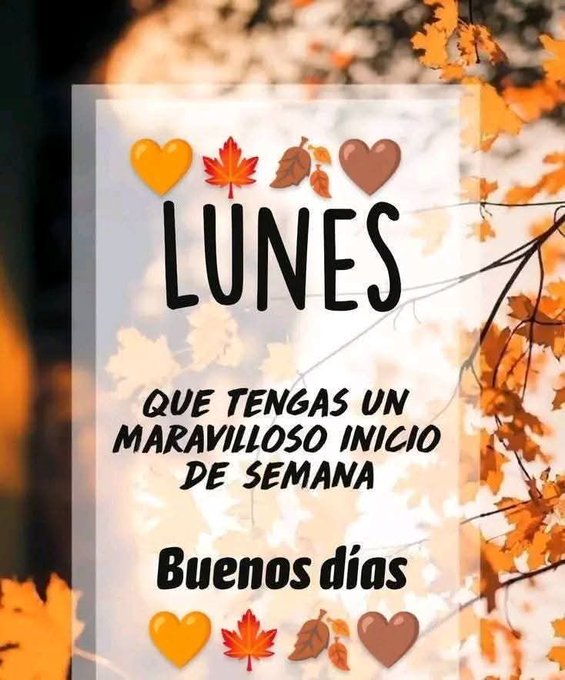 A transparent graphic overlay on an orange-toned background with scattered yellow and brown hearts and orange autumn leaves. Bold white text reads LUNES at the top, que tengas un MARAVILLOSO inicio de SEMANA in the middle, and Buenos dias at the bottom. Additional small hearts and leaves decorate the edges.
