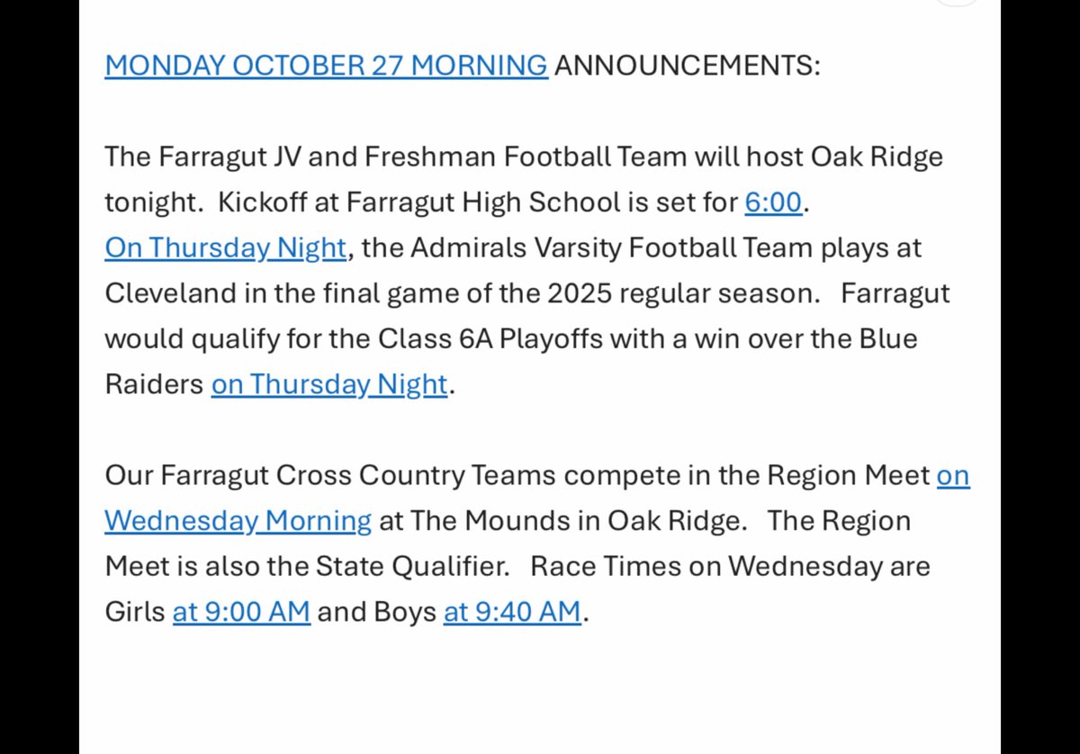 Check out Monday Morning’s Farragut High School Announcements ⚓️

⁦<a href="/FarragutFB/">Farragut Football</a>⁩ ⁦<a href="/AdmiralsXC_TF/">Garrett Jones</a>⁩