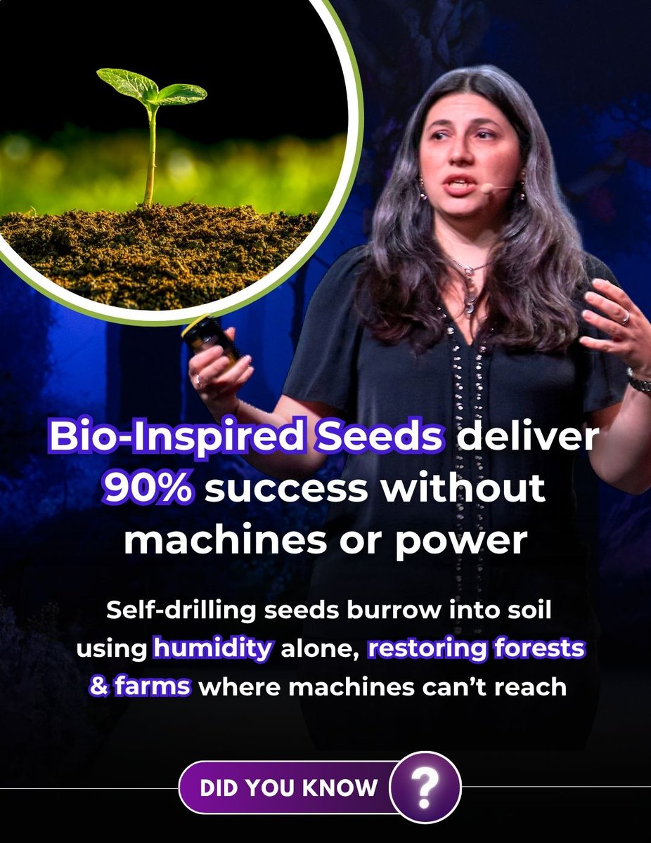 XPANSEWORLD's tweet image. 90% germination. Zero fuel. Zero irrigation. 100% bio-engineered.
At XPANSE 2024, Dr. Andrea Danielescu revealed self-drilling bio-robotic seeds that plant, sense & vanish—restoring soil with no fuel or water. Where computation meets biology, innovation starts to grow. 🌿