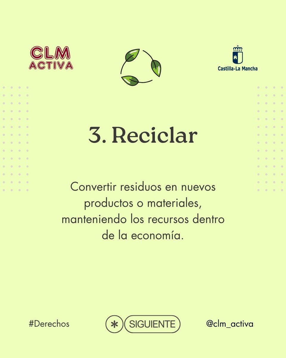 📢 Seguimos con la serie de publicaciones del Proyecto Dis-Consumo ♻️ con el apoyo de la JCCM.
🌿 Hablamos de Las 4 R’s del cuidado del medio ambiente: Reducir, Reutilizar, Reciclar y Recuperar
Porque cada acción cuenta para proteger nuestro entorno y respetar nuestros derechos