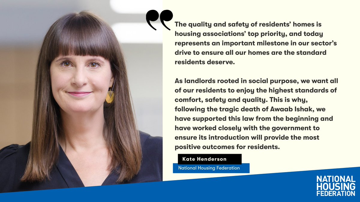 Awaab's Law comes into force today.

The quality and safety of resident homes is our top priority. These reforms, alongside the government's commitment to a decade of renewal for social and affordable housing, are crucial to addressing the housing crisis.

<a href="/KateNHF/">Kate Henderson</a> responds👇