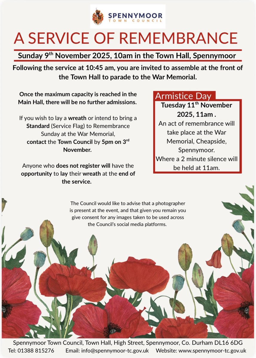 martinharmer's tweet image. Spennymoor’s Remembrance Service and Parade will take place on Sunday, 9th November 2025.

A service of remembrance will take place at 10 a.m. in Spennymoor Town Hall, followed by the Parade to the Cenotaph at 10:45 a.m.

#spennymoor #remembrance2025