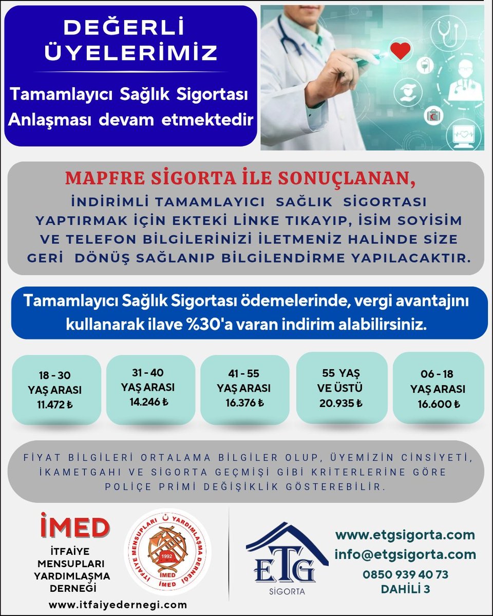 Değerli üyelerimiz, MAPFRE SİGORTA İNDİRİMLİ TAMAMLAYICI SAĞLIK SİGORTASI yaptırmak isteyenler alttaki linke BİLGİLERİNİ iletmeniz halinde , ETG SİGORTA tarafından aranacak ve poliçelendirme işlemleriniz kolayca yapılacaktır. HAYIRLI OLSUN. 
#İMED
forms.office.com/r/hzZjYVFZKh