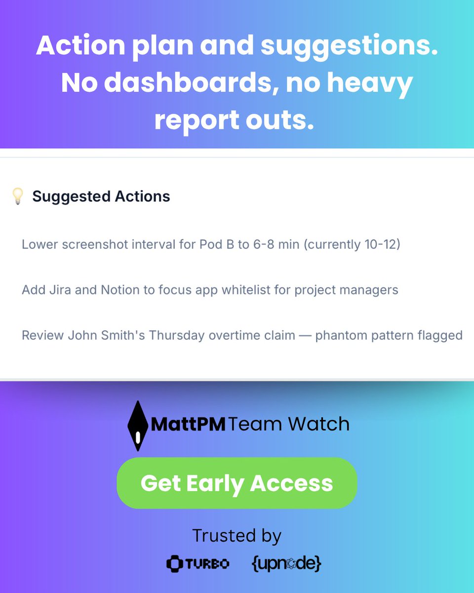 aiMattPM's tweet image. Managers need signal, not spy-cams. Optional screenshots, blurring, and rules you control. The output is one Friday action plan.
We are looking for 20 more teams to trial the beta - no cost. Reply "BETA" or join waitlist using link in bio.