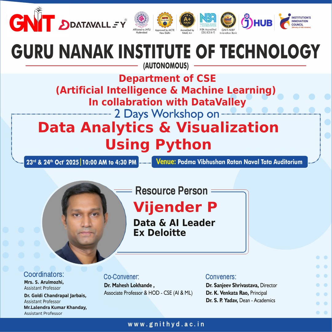 GNInstitutions's tweet image. The Dept. of CSE–AI&ML, GNIT, organized a 2-day Hands-on Workshop on Data Analytics & Visualization using Python on 23–24 Oct 2025 at R.N. Tata Auditorium. #GNIT #CSEAI&ML #DataAnalytics #Python #MachineLearning #ArtificialIntelligence #Pandas #Matplotlib #workshop