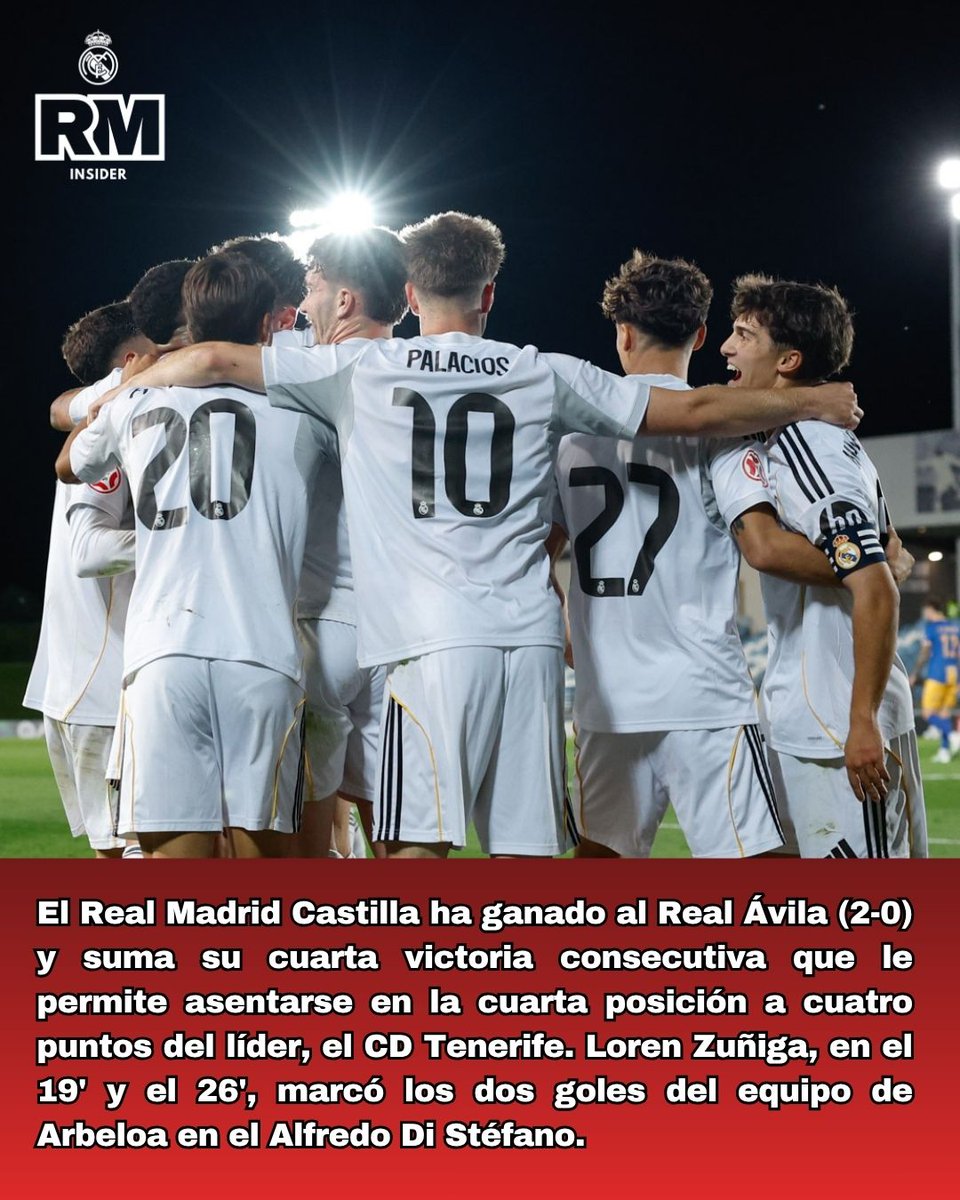 🚨 EL REAL MADRID CASTILLA 💜🤍 GANA AL AVILÉS Y YA ES CUARTO

⚽ Un doblete de Loren Zúñiga dio el triunfo al filial del #RealMadrid.

✅ Los de #Arbeloa están cuartos a cuatro puntos del #Tenerife

#Castilla #Madrid <a href="/realmadrid/">Real Madrid C.F.</a> <a href="/lafabricacrm/">Cantera Real Madrid</a>