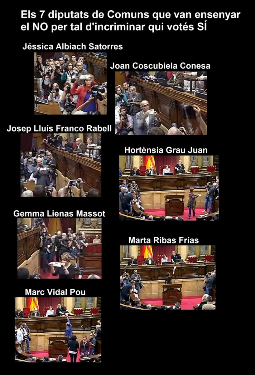 NoEsPotCat's tweet photo. Avui fa 8 anys que les nostres companyes d'ICV (Albiach, Coscu, Rabell, Ribas, Lienas, Grau i Vidal) van ensenyar públicament el NO a la independència (era votació secreta) i així ajudar a fer efectiva la repressió franquista contra l'independentisme. NI OBLIT NI PERDÓ! #NOESPOT https://t.co/L8fGunS6ev