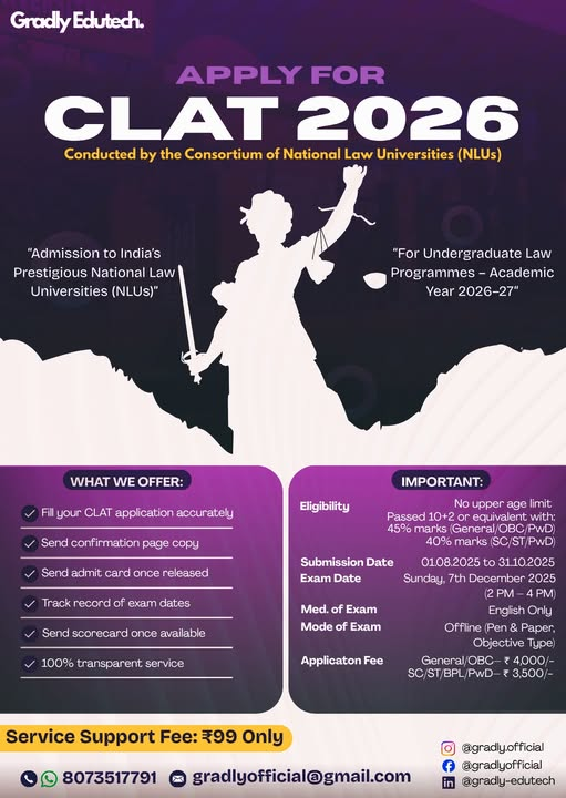 gradlyofficial's tweet photo. Dreaming of a career in Law? 
Start with CLAT 2026!
Gradly Edutech offers application, admit card &amp; scorecard support just - ₹99.
Exam: Dec 7, 2025 | Last Date: Oct 31, 2025 | Mode: Offline
WhatsApp: 8073517791
#CLAT2026 #TrendingNow #India #Law #LawCareer   #NLUs #GradlyEdutech https://t.co/rV8waIwvEN