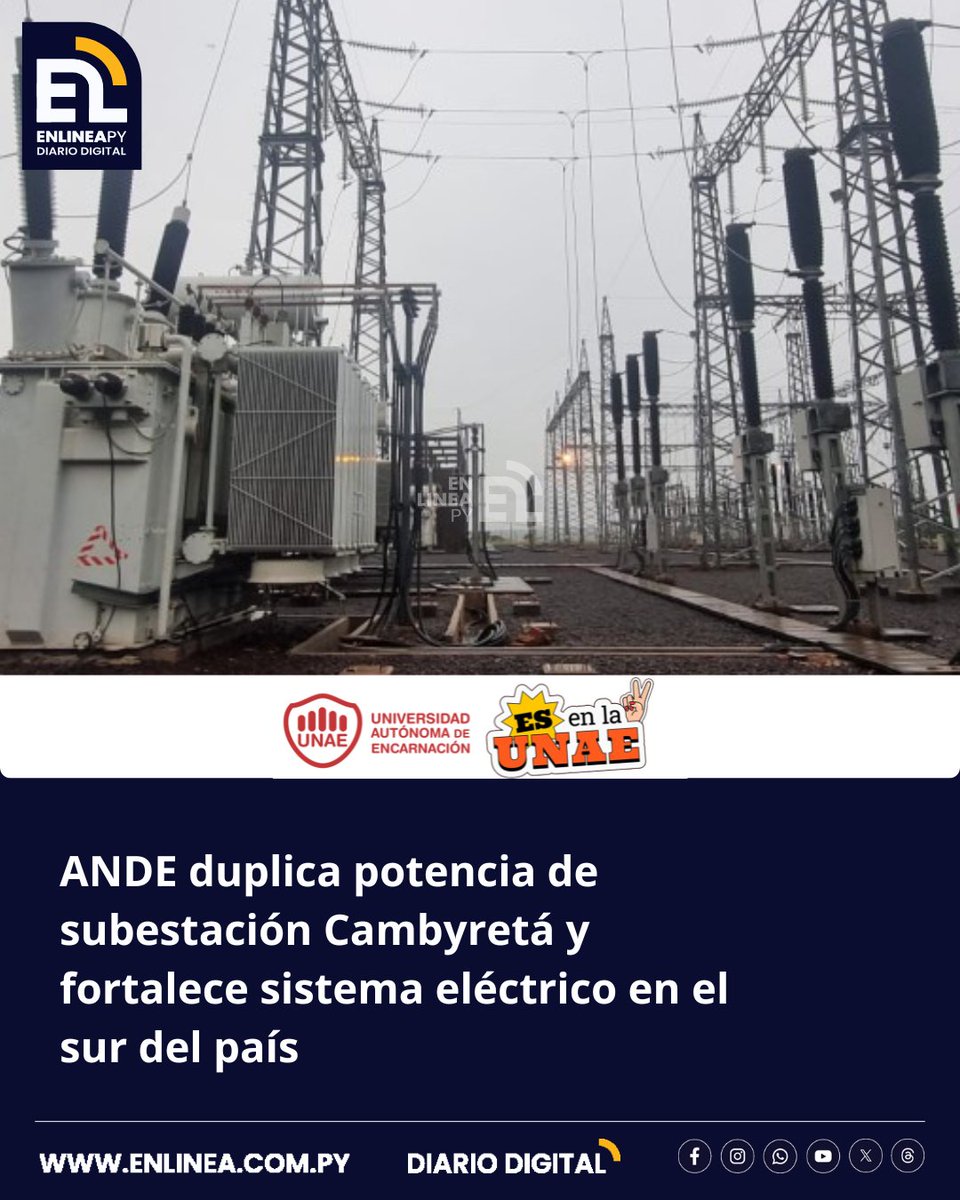 enlinea_py's tweet image. La Administración Nacional de Electricidad (ANDE) puso en servicio un nuevo transformador de potencia en la Subestación Cambyretá, con lo cual se duplica la capacidad en 23 kV, alcanzando 83 MVA de potencia instalada en dicha subestación.
enlinea.com.py/ande-duplica-p…