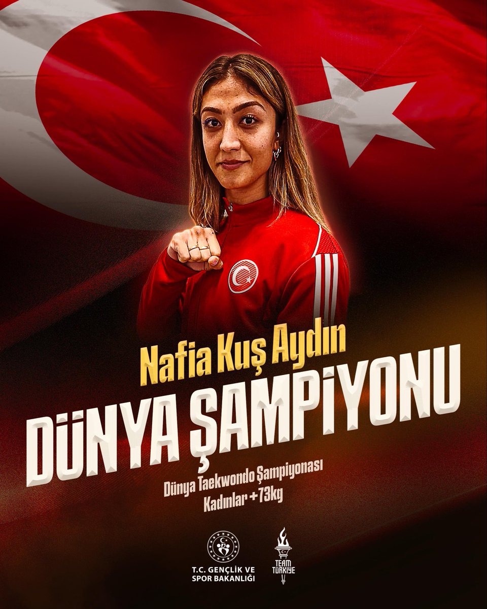 NAFİA KUŞ AYDIN DÜNYA ŞAMPİYONU!🥇

🥋Çin'de düzenlenen Dünya Taekwondo Şampiyonası'nda kadınlar +73kg finalinde milli sporcumuz Nafia Kuş Aydın, Özbekistan'dan Svetlana Osipova'yı 2-1 yenerek altın madalya kazandı. 🇹🇷🥇

👏🏻Üst üste ikinci kez dünya şampiyonu olan sporcumuzu ve