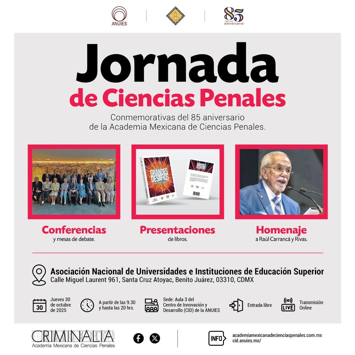 Samuel González Ruiz, Miembro de la Academia Mexicana de Ciencias Penales, abordará el acuerdo se seguridad entre México y USA. Este jueves, en el marco de la “Jornada de Ciencias Penales” con motivo del 85 Aniversario de esta sociedad científica:
