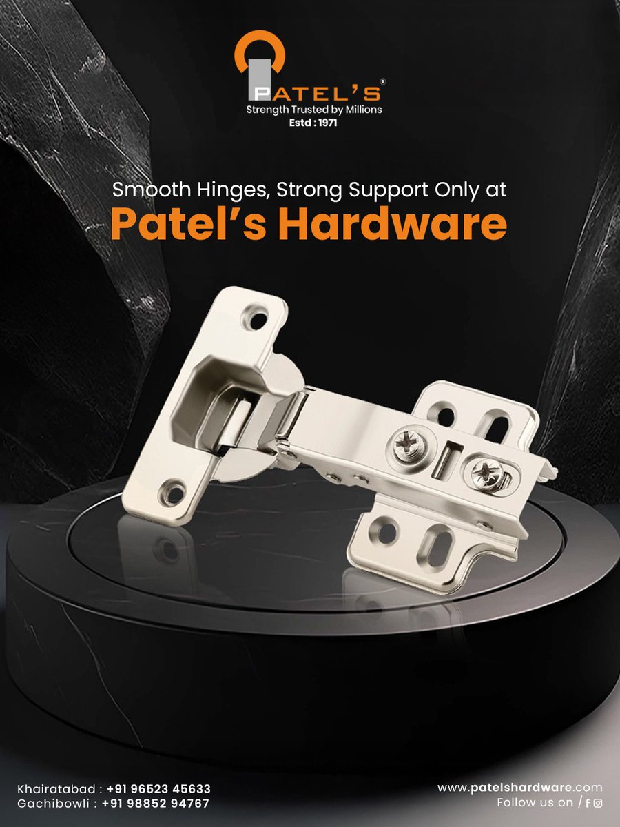 Patelshardware's tweet image. Smooth performance meets lasting strength! 🔩 Discover premium hinges that redefine durability and design. Upgrade your furniture with Patel’s Hardware – trusted by millions since 1971. #strengththatlasts

Visit our website: patelshardware.com
#patelshardware #hardwarestore