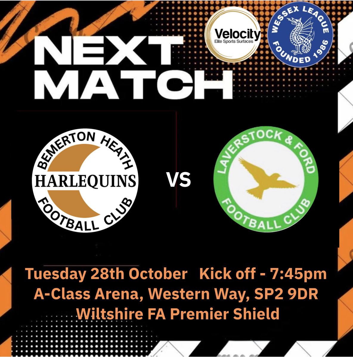 Tomorrow is derby evening, as we host <a href="/Lavvyfc/">Laverstock & Ford FC</a> in a mouth watering Wiltshire Premier Shield tie. Bar and kitchen is open from 6:30pm.

Cash and card accepted on the turnstile from 7pm 🫶🏻⚽️⚫️⚪️🟠👏🏻