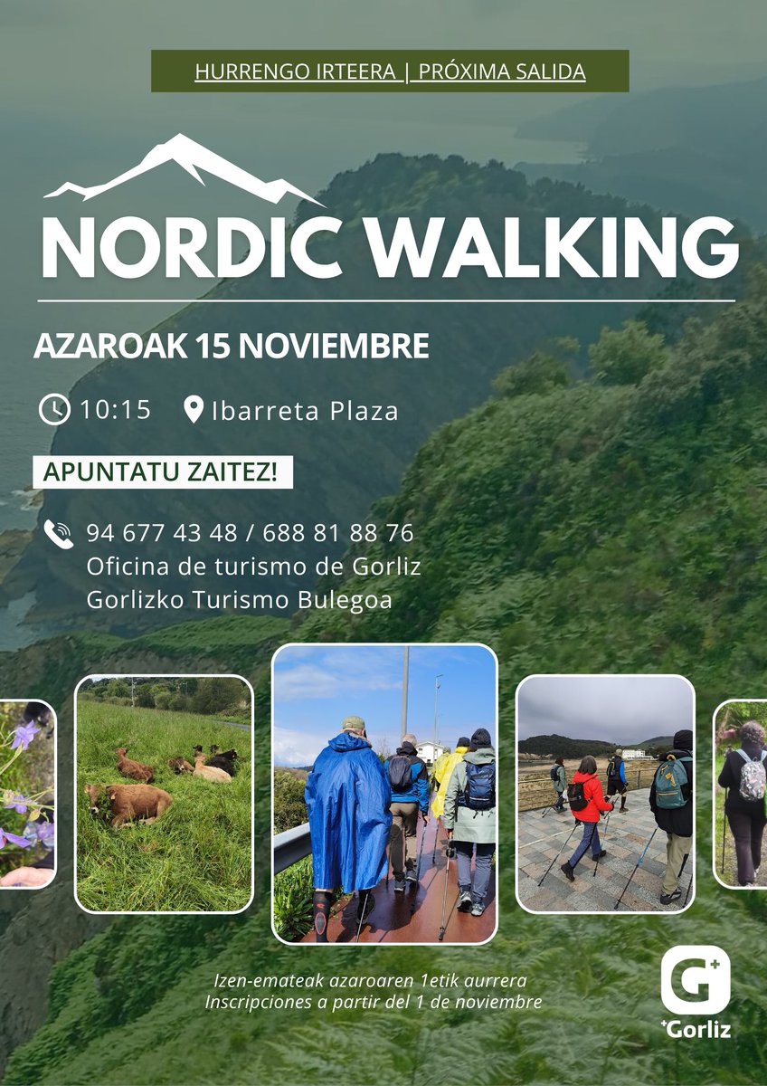 El 1 de noviembre a las 10:00 h, abrimos inscripciones para:

• Rutas Circulares de Gorliz: 9 y 23 noviembre
• Salida Nordic Walking: 15 de noviembre

Inscripciones en Oficina de Turismo: 94 677 43 48