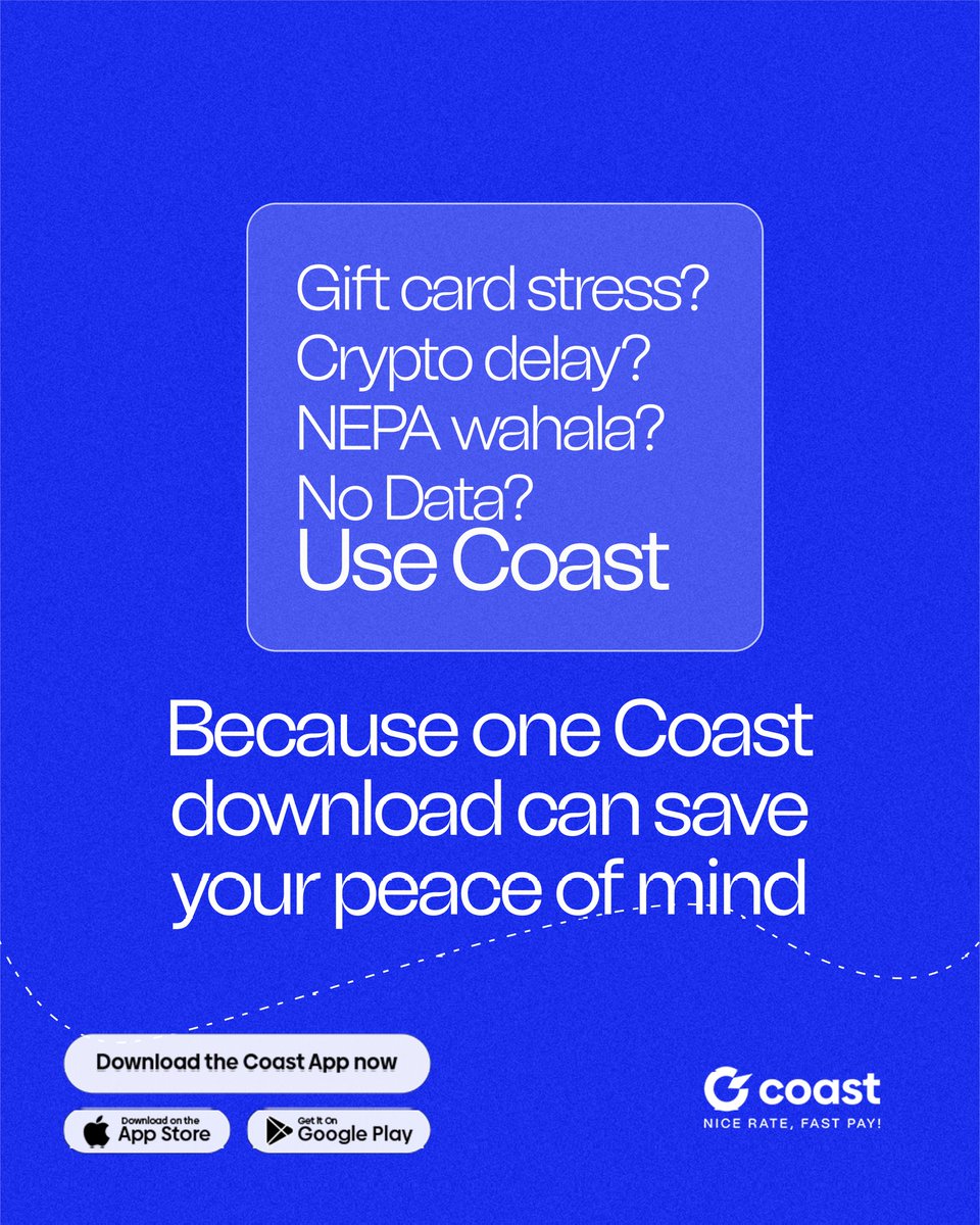 Itscoastng's tweet photo. Adulting is already stressful enough 😩
Gift card wahala? Crypto delay? NEPA drama? Data finish?
Just Use Coast — and rest easy. 💙
Download the Coast app today!

#UseCoast #Coastapp #PayBills #TradeCrypto #TradeGiftCard https://t.co/hRRKw6GK9j