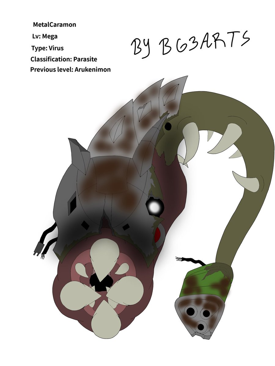 BG3ARTS's tweet photo. Meet MetalCaramon. A parasitic Digimon with a similar hostile lifestyle and voracious appetite as SkullCaramon. This metallic version lives in junkyards and under cities where technology is abundant. And it uses the parts it finds as weapons. But it is slow.

Happy Halloween.🎃 https://t.co/KKXkJ0NGk9