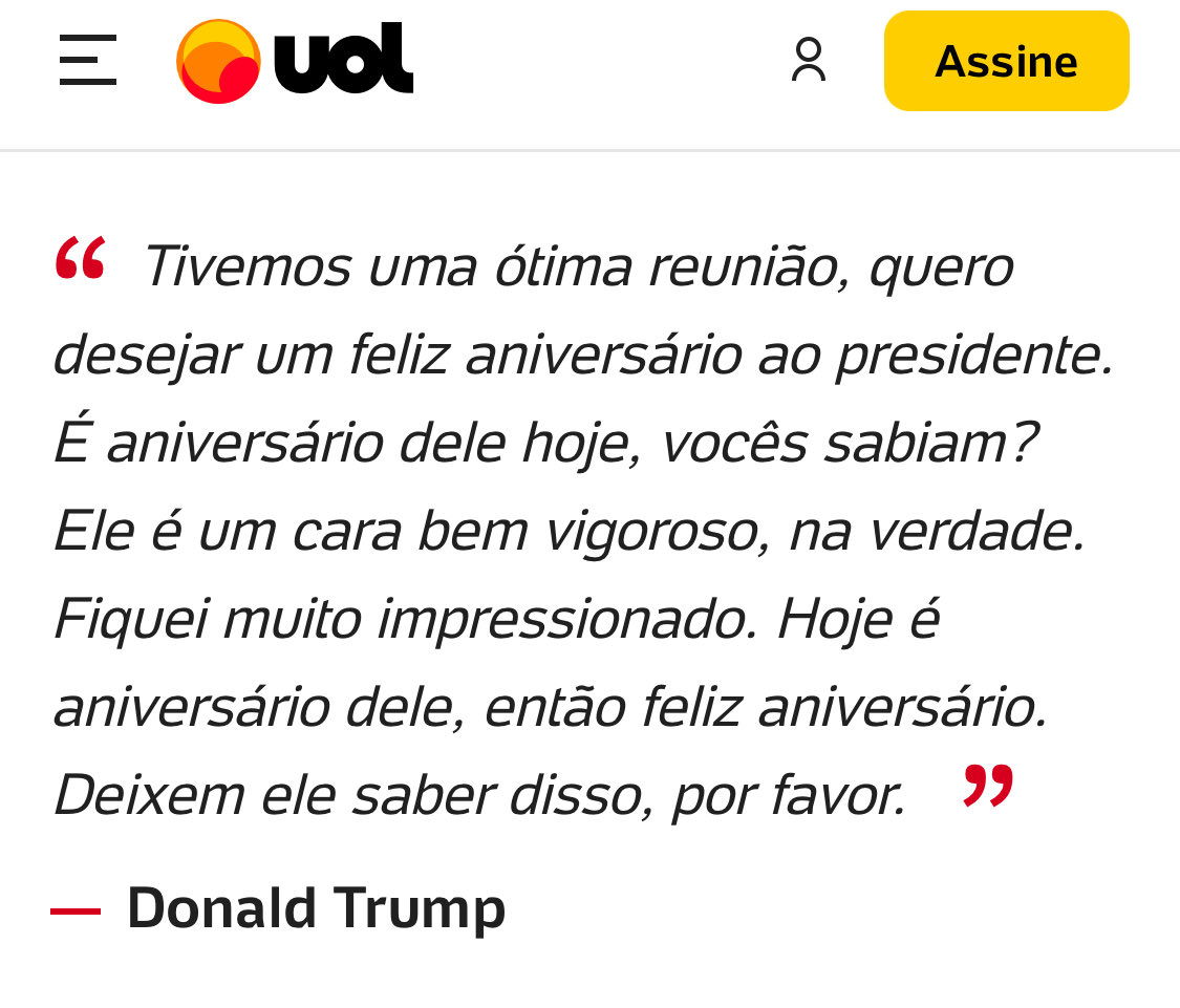 Parece que Lula abriu uma avenida na cabeça de Trump.

PARABÉNS PRESIDENTE LULA