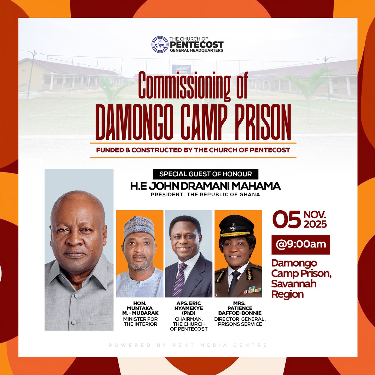 Historic day! 🇬🇭

Join The Church of Pentecost for the Damongo Camp Prison Commissioning 🏛️ with Special Guest H.E. John Dramani Mahama 🌟

#PossessingTheNations
