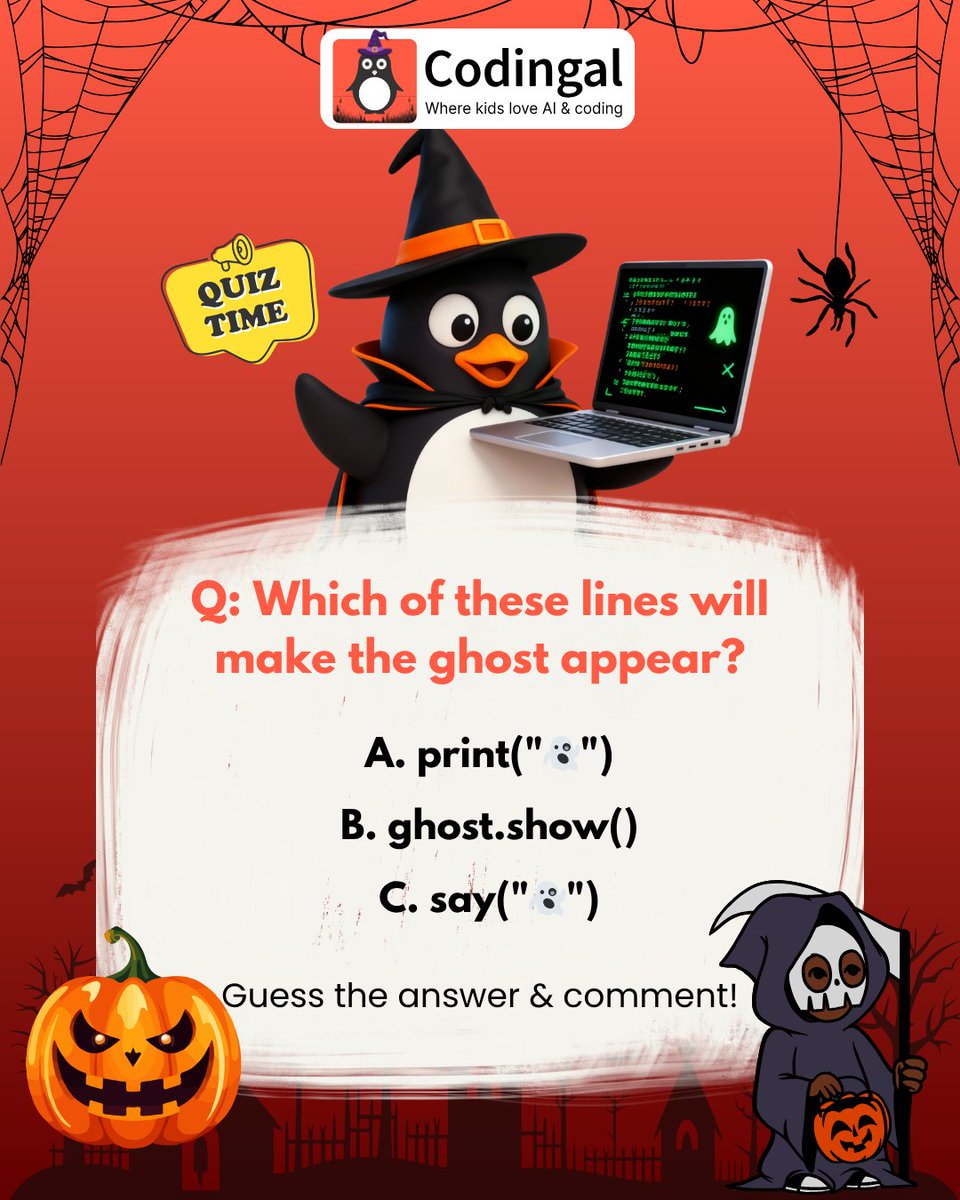 codingal's tweet image. 👻💻 Spooky Code Alert!
Cody’s cooking up a Halloween program — but only one line of code will make the ghost appear! 🎃✨
Think you know which one? Drop your answer below before the ghost vanishes! 😱💨
#Codingal #HalloweenFun #SpookyCode #TrickOrCode #KidsWhoCode #CodingIsCool…