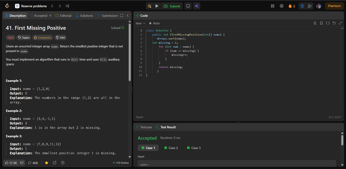 meranaamkhann's tweet image. Update for the last few days 
#LeetCode Questions :-
2048 :  Next Greater Numerically Balanced Number
6 : Zigzag Conversion
1716 : Calculate Money in Leetcode Bank
41 : First Missing Positive
#Java #CodingJourney