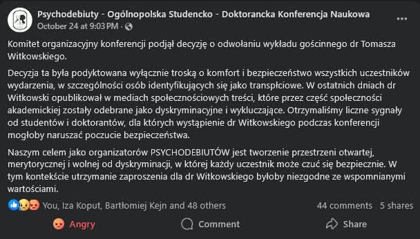 Przepraszam, ale co to za pier...nie?! 
Czyjś występ na konferencji narusza "poczucie bezpieczeństwa"? Jeśli ktoś ma problem z opiniami innych tak wielki, że czuje się zagrożony, to niech idzie do psychiatry (a w wypadku wspomnianych tu osób może niech idzie także z innych