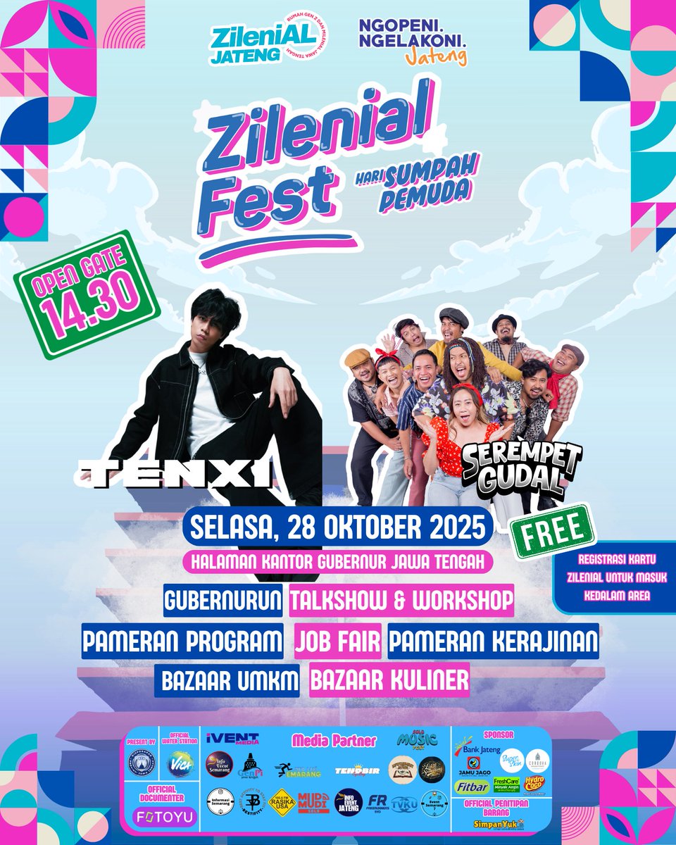 🔥 Zilenial Fest 2025!
Semangat muda &amp; kolaborasi menyala di Hari Sumpah Pemuda ke-97! 💪🇮🇩
Dari Gubernurun, Talkshow, hingga Job Fair🌟

#ZilenialJateng #SumpahPemuda2025 #NgopeniNglakoniJateng