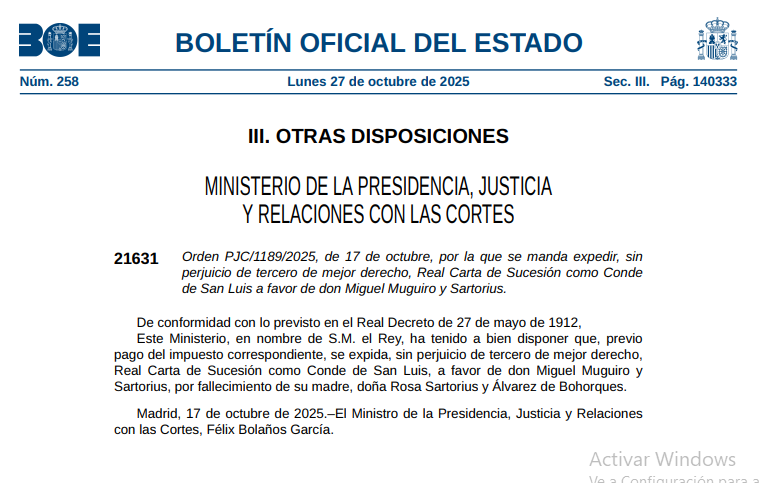 Salgamos de procesión
a celebrar la noticia
que hay carta de sucesión
que un Conde casi acaricia. 

El Gobierno de salón,
es quien decide y oficia
renovar la condición
de nobleza vitalicia.