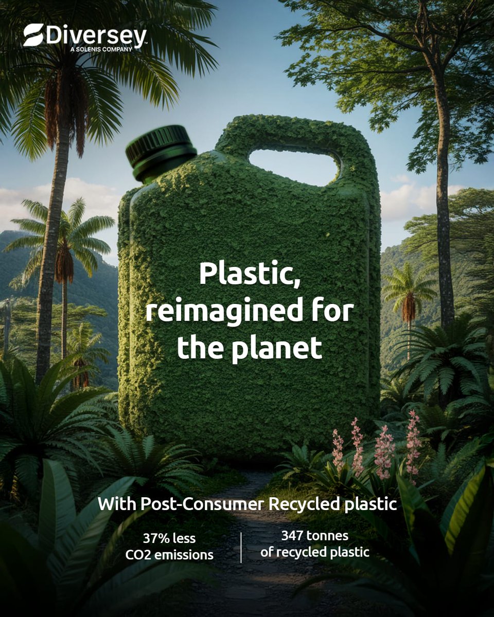 Sustainability is not just about intent; it’s about measurable impact. 🌿
Through our adoption of PCR packaging, Diversey has already helped recycle over 347 tonnes of plastic and cut related CO₂ emissions by nearly 37%. 

#Diversey #SustainabilityInAction #ProtectCareSustain