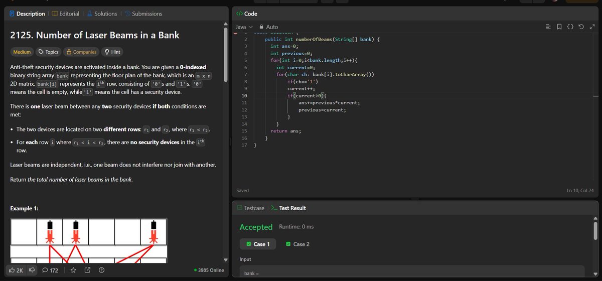 meranaamkhann's tweet image. #LeetCode Question of the day
2125 : Number of Laser Beams in a Bank
#Java #CodingJourney