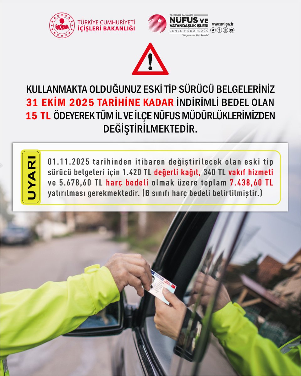 Eski Tip Sürücü Belgelerinin değiştirilmesi için son  4⃣ gün❗️❗️❗️
31 Ekim tarihinden sonra yenilenmeyen Eski Tip Sürücü belgeleri geçersiz sayılacaktır. ⬇️