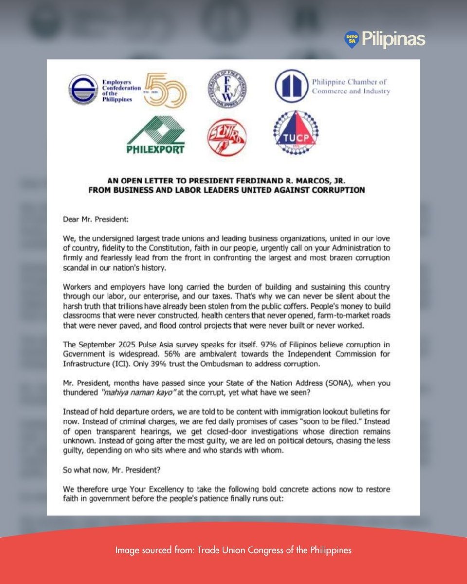 ditosapinas1's tweet image. Business and labor groups urged President Marcos to act faster on corruption, warning public patience is running out amid delays in the “ghost” flood control probe. | via Inquirer

#CorruptionPH #MarcosAdmin #Accountability #DSP