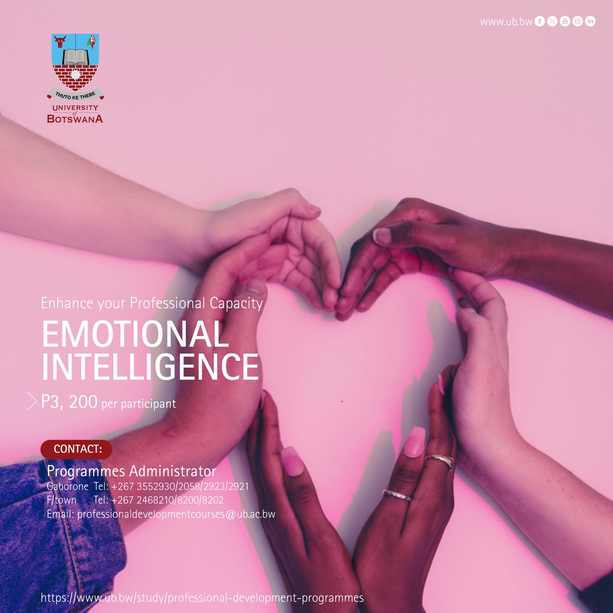 UBBotswana's tweet image. #ProfessionalDevelopmentCourse 
EMOTIONAL INTELLIGENCE
Date: 28th – 30th October 2025 | Venue: University of Botswana, Gaborone.
#EnrolNow: ub.bw/study/professi…