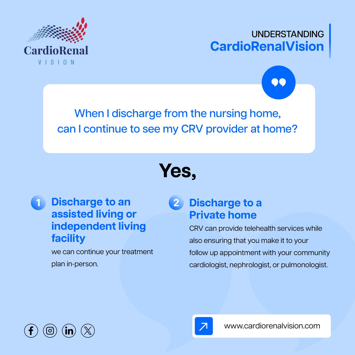 CardiacVision's tweet image. Continuity of Care with #CardioRenalVision
Whether you move to an #assistedliving facility or return home #CRV ensures your treatment continues seamlessly through in-person visits or telehealth support. visit: bit.ly/4fI6GNt
#CardioRenalVision