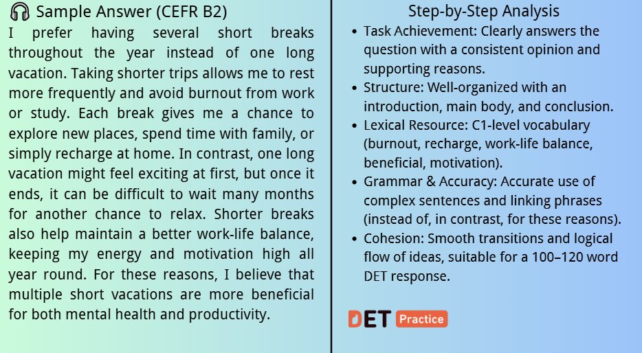PracticeDET's tweet image. ✍️ DET Writing Sample:
 One long vacation or several short breaks — which do you prefer? 🌞
Join DET Practice and get 3 days of VIP access free — prep smarter now!
#DuolingoEnglishTest #DETPractice #WritingSample #LearnEnglish #DETTips