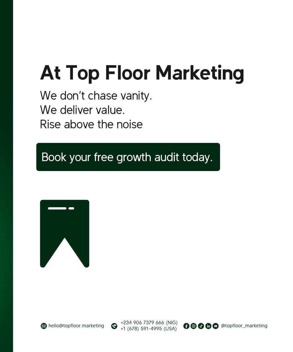 TopFloor_TFM's tweet photo. At Top Floor Marketing, we don't chase vanity, we deliver value...

Our strategy gives your brand both visibility AND authority. 

What are you waiting for?👀 
Book your free growth audit today. 

#marketing #marketingexpert #MarketingDigital https://t.co/d9M5YINWPG