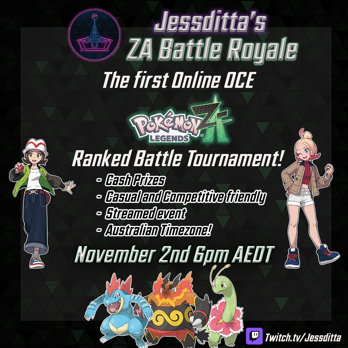 Jessditta's tweet photo. Officially announcing the Jessditta's ZA Battle Royale and the ruleset we will be using! The tournament is this Sunday at 6pm!

Players from all regions are welcome! Come along and join in my first Pokemon Legends ZA tournament!! 

Tag friends who you'd like to see participate https://t.co/P4pJAacX4u