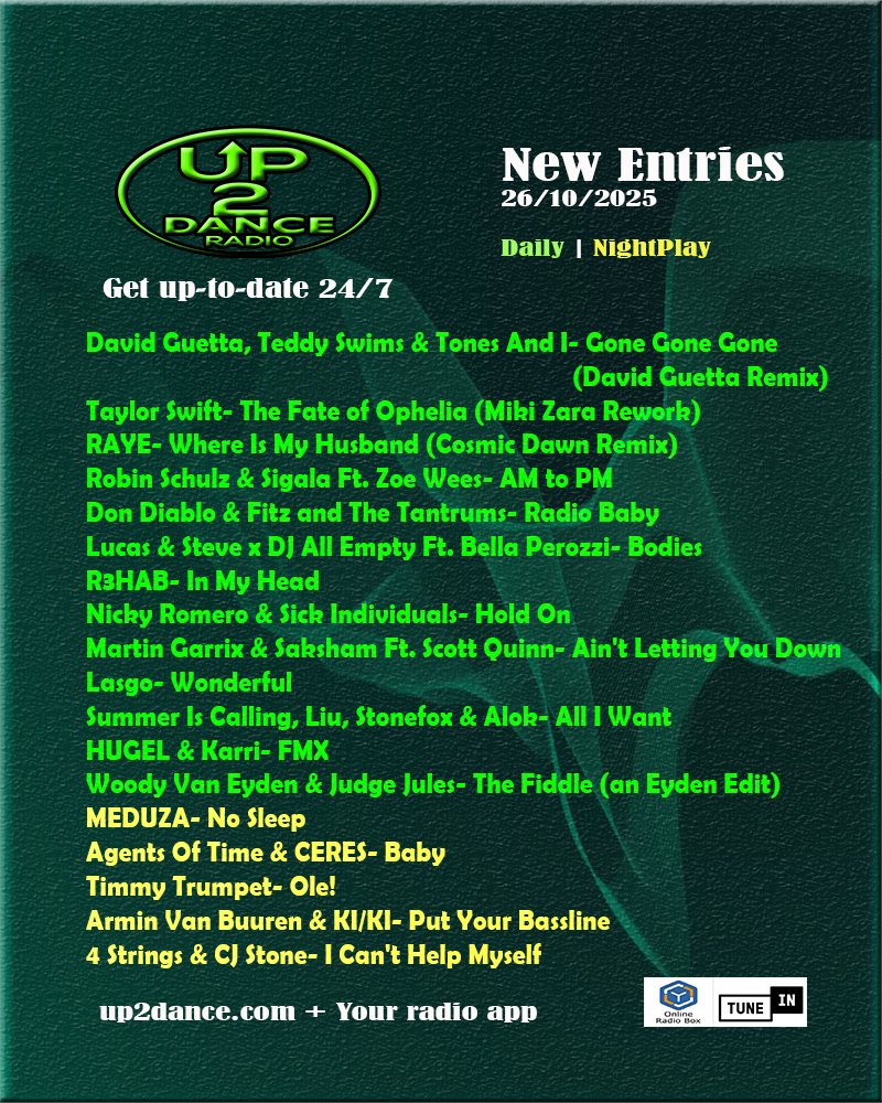 This is the NEW entries to our daily playlist this week 📢

Discover them FIRST Every Saturday night &gt; up2dance.com 📟
.
#newmusicalert #up2dance #up2danceradio #up2danceplaylist #NightPlay #NowPlaying #PlayNow #dancemusic #HouseMusic #edmmusic #popmusic #partymusic