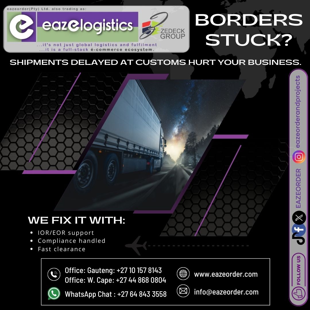 🚛 Borders stuck?
📦 Shipments delayed at customs hurt your business.
We fix it with:
✅ IOR/EOR support
✅ Compliance handled
✅ Fast clearance

📍 Gauteng Office: +27 10 157 8143
📍 W. Cape Office: +27 44 868 0804
💬 WhatsApp: +27 64 843 3558

#CustomsClearance #Logistics