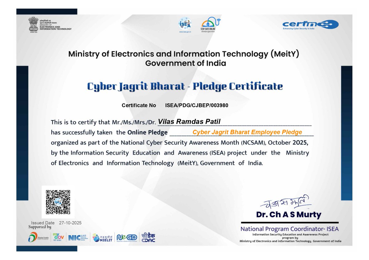 Deolali Cantonment Board successfully had all employees complete the Cyber Jagriti Bharat Employee Pledge online at staysafeonline.in/pledge and issued their certificates.