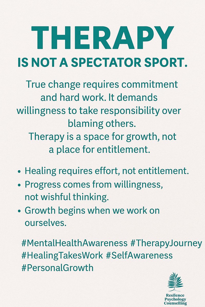 Resindiyo's tweet image. From personal experience as a practicing therapist for over 10 years many clients enter therapy hoping for change  yet resist taking responsibility for their part in the process. True transformation happens when we commit to honesty, self-reflection, and consistent effort.
