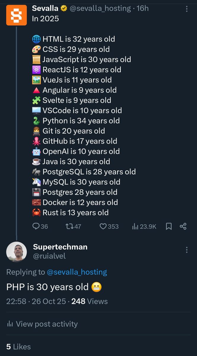 ruialvel's tweet image. Interesting that a post by a web development guy/ company about web technologies in 2025 doesn't even mention #PHP. A bit weird or maybe not. #php_developer #phpcoding #php_web_development