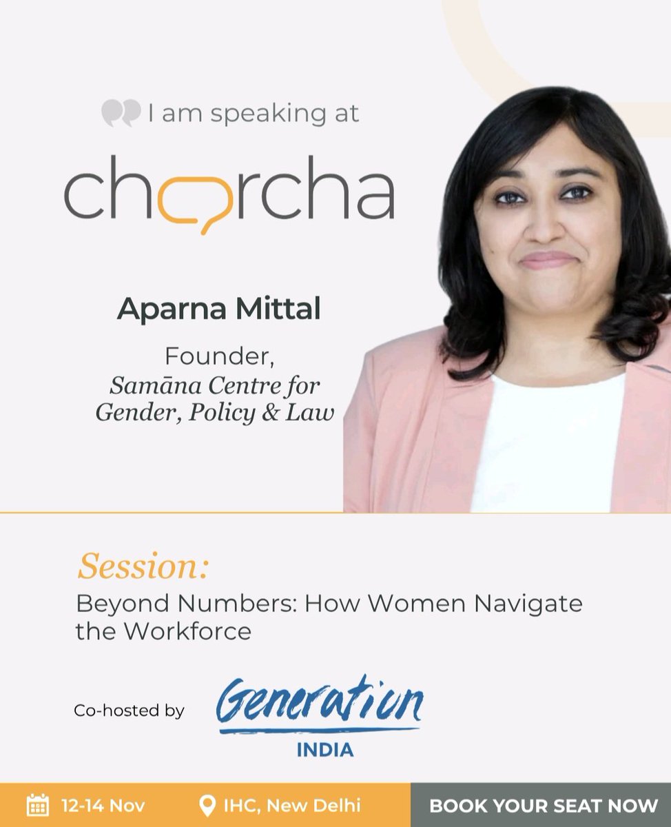 SamanaCentre's tweet image. Our Founder @aparnamittal990
will be speaking at Charcha 2025 on &quot;Beyond Numbers: How Women Navigate the Workforce&quot;, hosted by Generation India, at India Habitat Centre, New Delhi, on 12-14 Nov. 

Details and passes are at :  bit.ly/4ouB9Da

#charcha2025 #IdeastoAction
