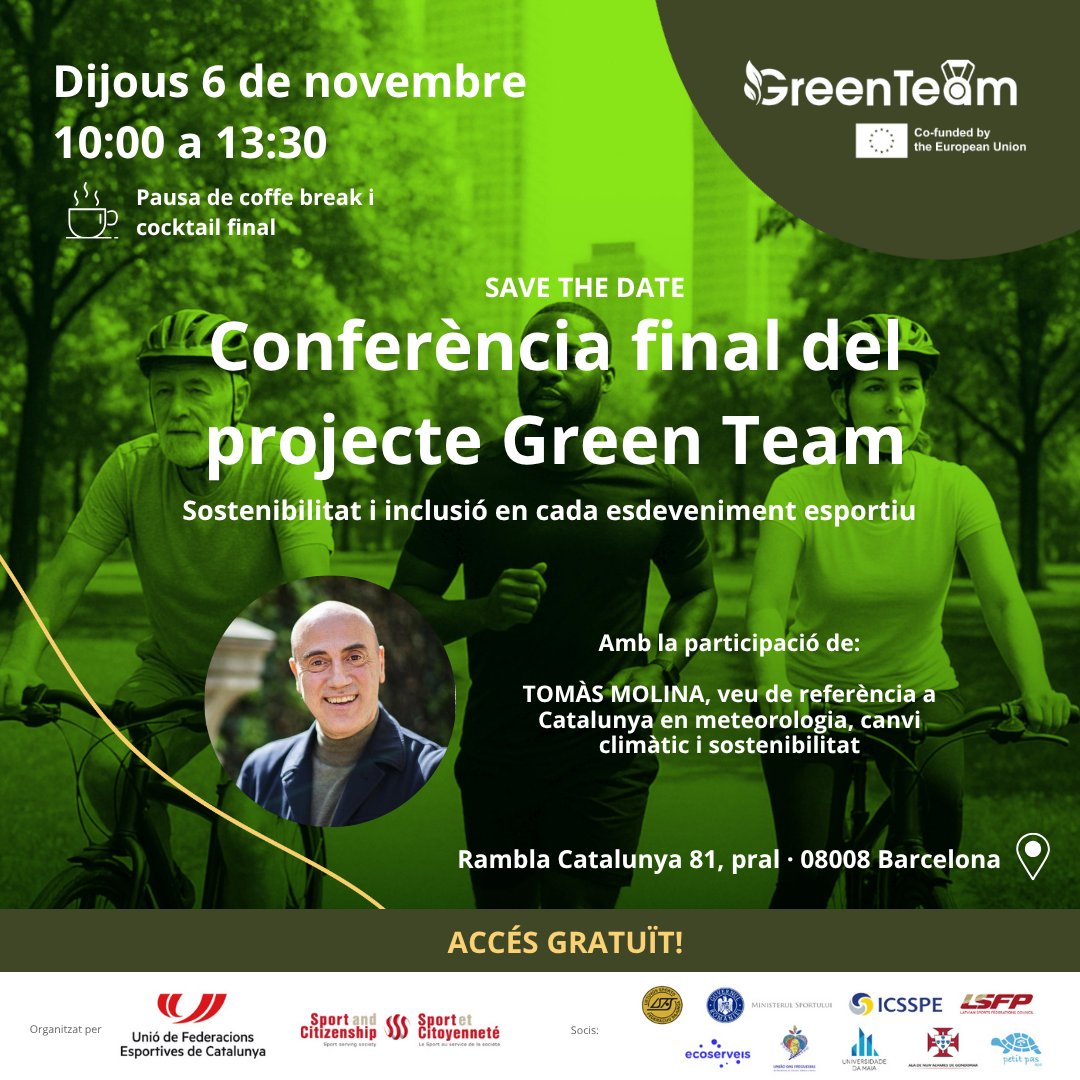 🌍💪 Sport for the Planet
Final event of #GreenTeam is here!

Join sport professionals, educators &amp; climate activists to explore the role of sport in fighting climate change.

📅 6 Nov | 10:00–13:30 CET Online &amp; free!
🔗 Full programme: greenteam-webinar.eventbrite.fr

#SportForClimate