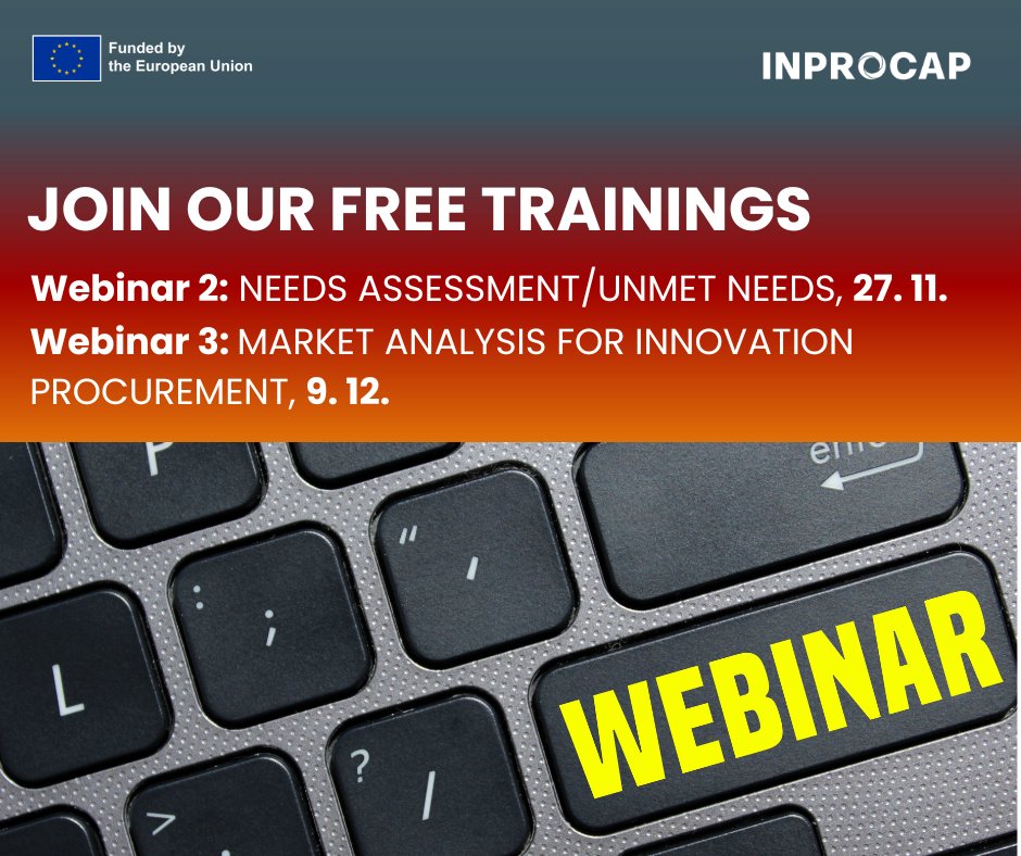 InprocapProject's tweet image. #INPROCAP #training journey on #innovationProcurement continues:
📅27 Nov – Needs assessment / unmet needs (online). Registration opens soon.
📅9 Dec – #Market_analysis for innovation procurement (Hybrid, @‌EuXFEL🇩🇪).Registration: shorturl.at/A24s9
🔗shorturl.at/nJ8h0