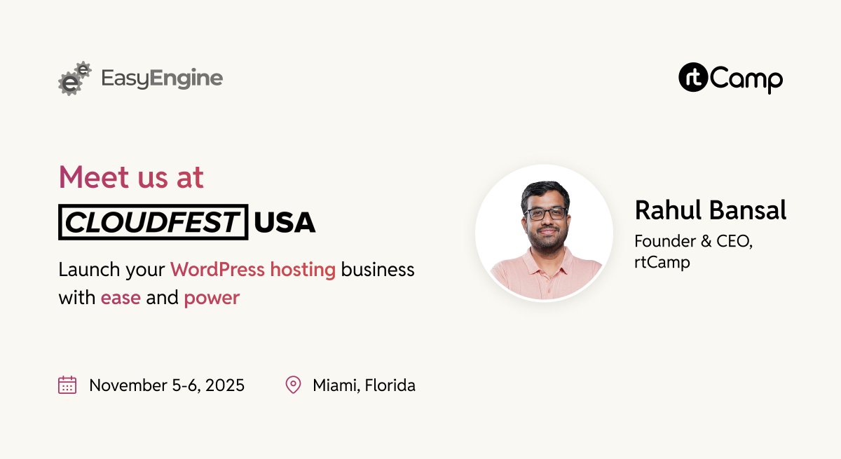 rahul286's tweet image. See you in Miami next week at @CloudFestUSA🌴
Can't wait to showcase @EasyEngine, our latest offering to launch your WordPress hosting easily! 👋