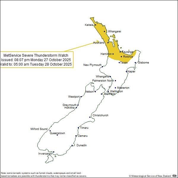 Good evening everyone! <a href="/MetService/">MetService NZ</a> have issued a Severe Thunderstorm Watch for the Bay of Plenty until 5am Tuesday 28 Oct.

Intense rainfall can cause surface and/or flash flooding, especially about low-lying areas such as streams / rivers and may also lead to slips.