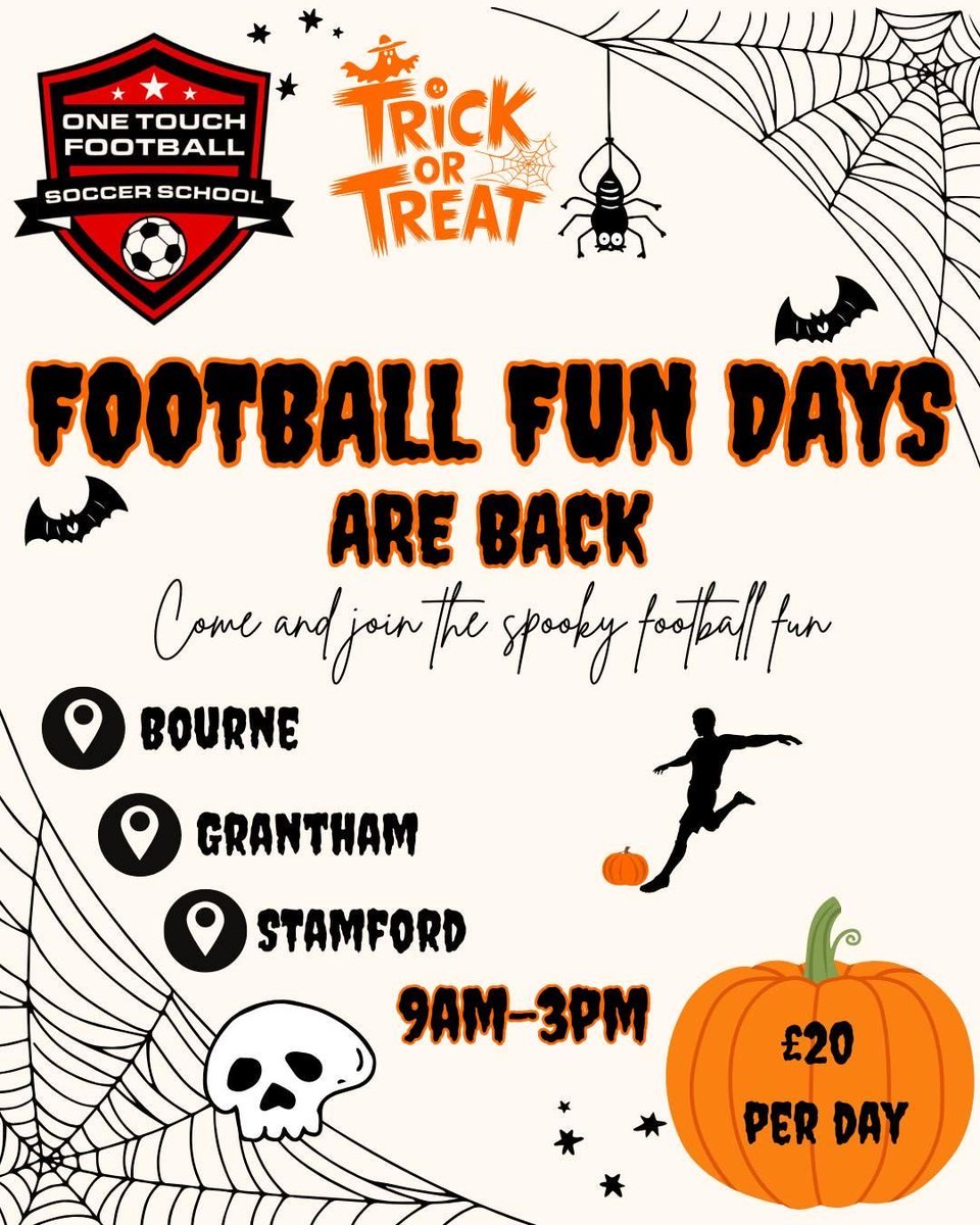 Bourne Soccer School kicks off tomorrow! ⚽
📅 Time: 9:00am – 3:00pm
📍 Location: Bourne Leisure Centre Sports Hall (indoors)

Get ready for a great day of football, fun, and skills!

Book now to join us ⬇️
onetouchfootball.co.uk/holidayfootbal…
