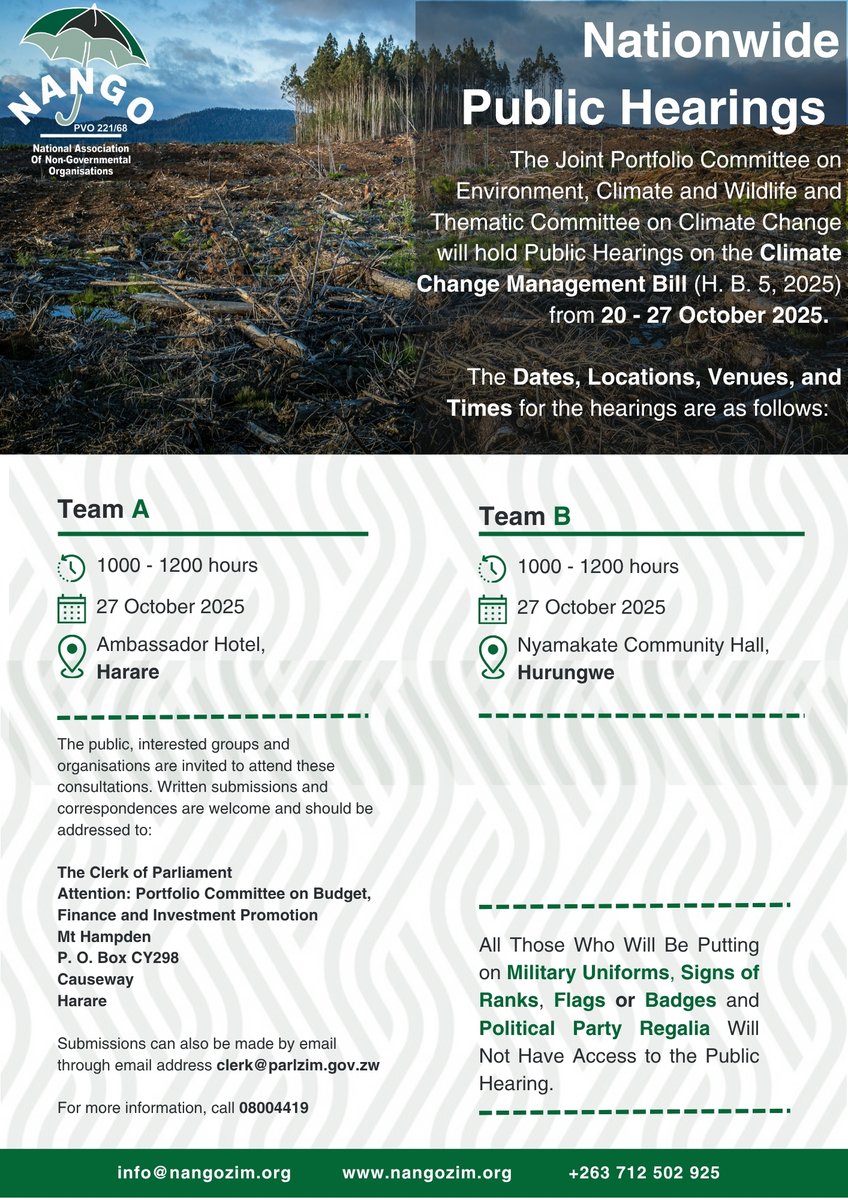 nangozimbabwe's tweet image. Happening Today! 🌿

Public hearings on the Climate Change Management Bill continue today in Harare and Hurungwe from 10:00 AM to 12:00 PM.

These consultations are a vital platform for citizens, CSOs, and communities to share their perspectives on how Zimbabwe can strengthen its…